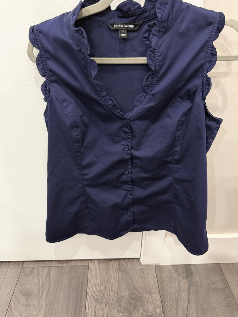41 Hawthorn Navy Ruffle-Trim Button-Up Sleeveless Top
